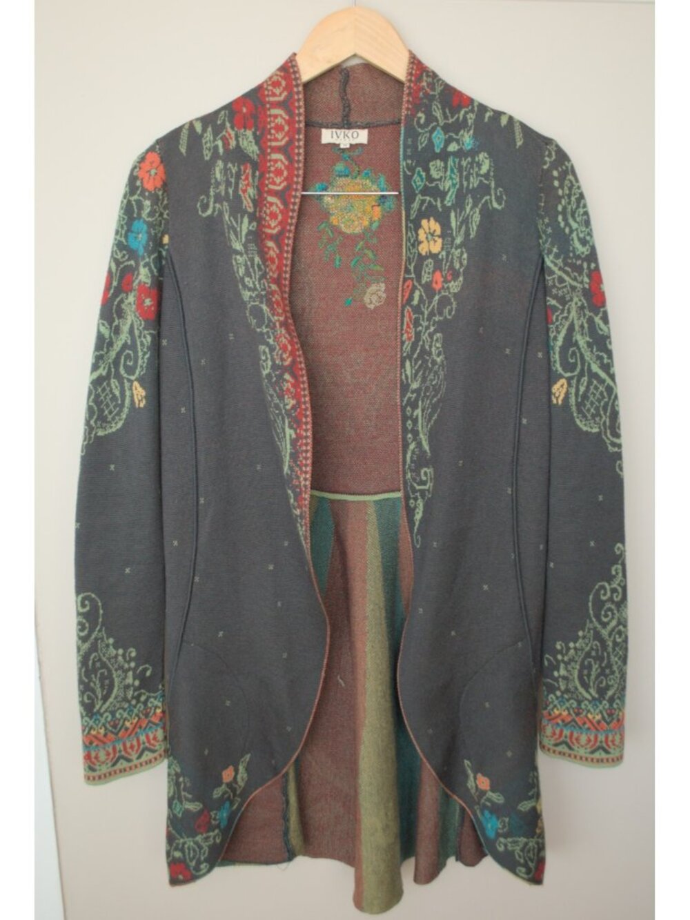 IVKO dark gray long jacket cardigan with floral pattern and embroidery